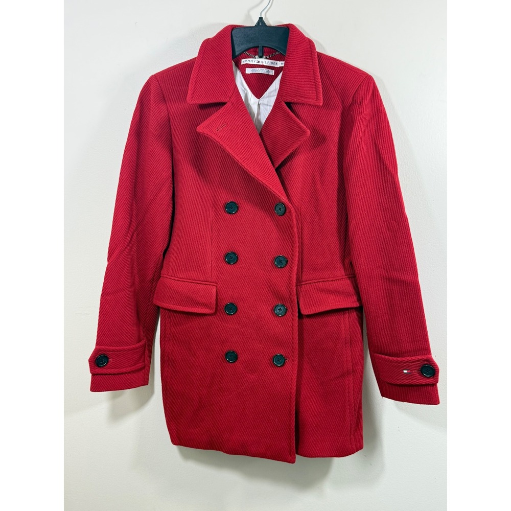 Vintage 2003 Tommy Hilfiger Women M Red Wool Peacoat Double Breasted Y2K Preppy